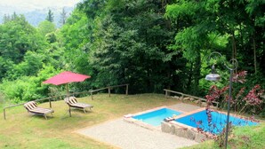 Een achtertuin met een zwembad, twee ligstoelen en een rode parasol.