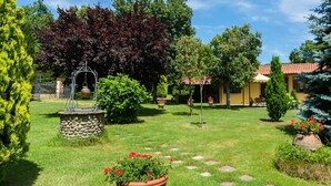 Un jardin bien entretenu, agrémenté d’une fontaine en pierre, de plantes en pot et d’un ciel dégagé.