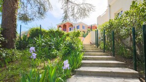 A stone staircase leading up to a building with a red facade, surrounded by lush greenery and a tree.