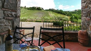 A terrace with stone walls, a table with chairs, a bottle of wine, and a glass. In the background, there is a vineyard and a clear sky. - Apartment in Radda with Garden (Radda in Chianti)