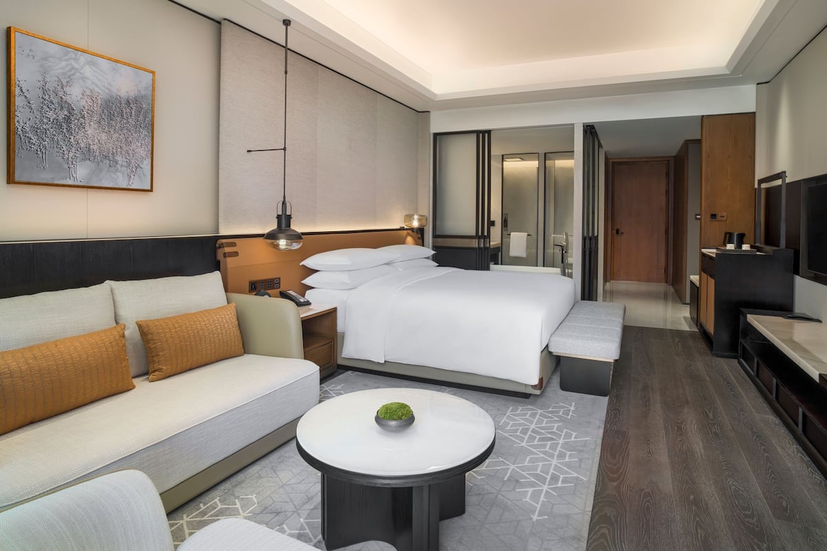 Una moderna camera d'hotel con un letto, un divano, comodini, un piccolo tavolino rotondo e una TV.
