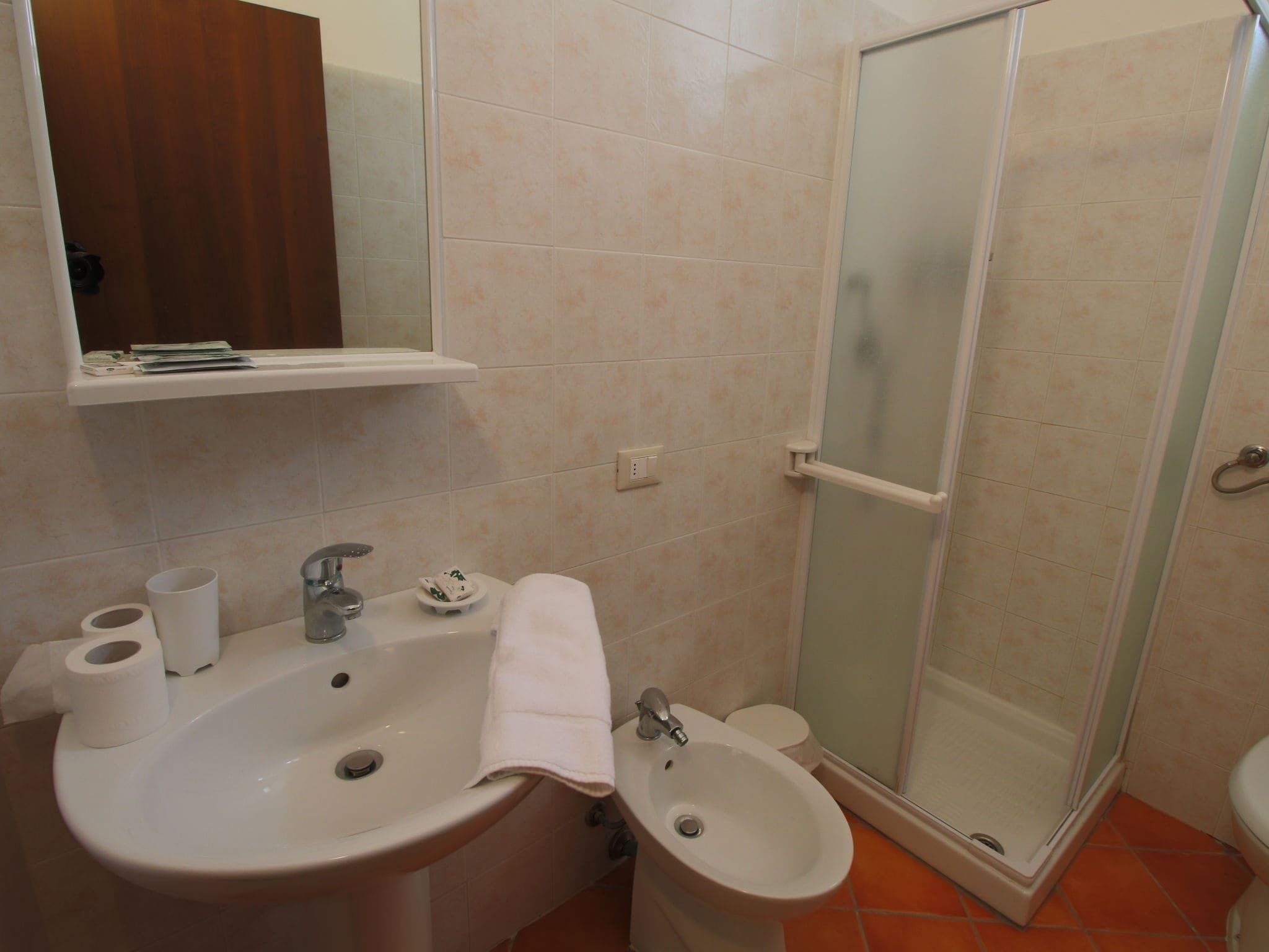 Un baño con lavamanos, bidé y ducha.
