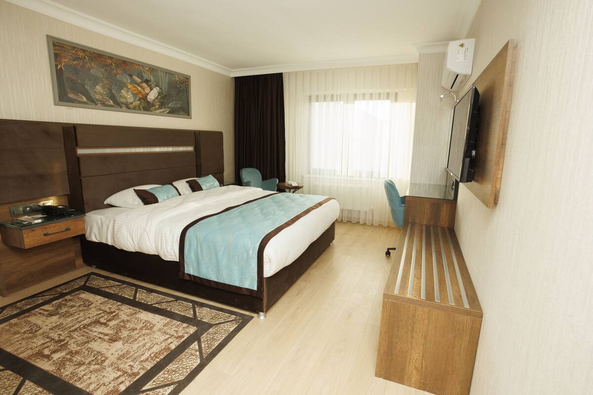 A hotel room with a large bed, a desk, a chair, a TV, and a painting on the wall.