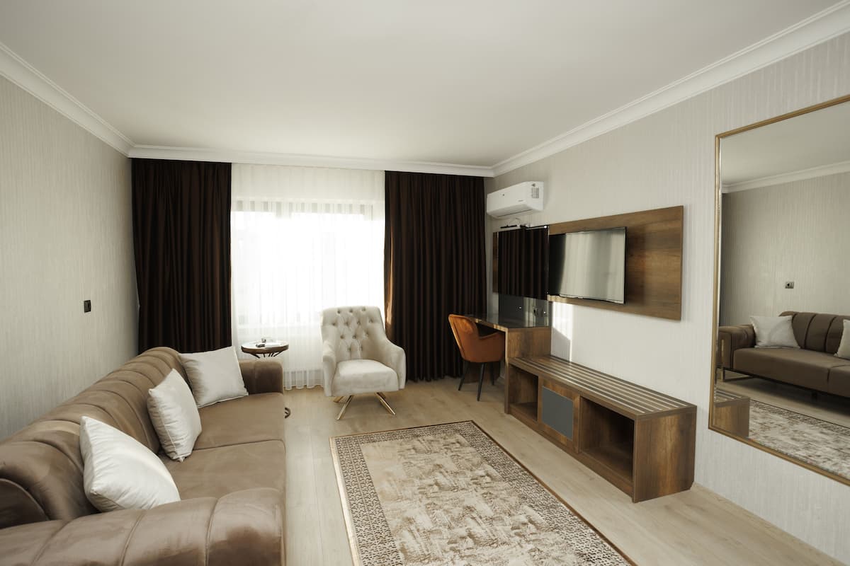 A modern living room with a sofa, armchair, TV, and a mirror.