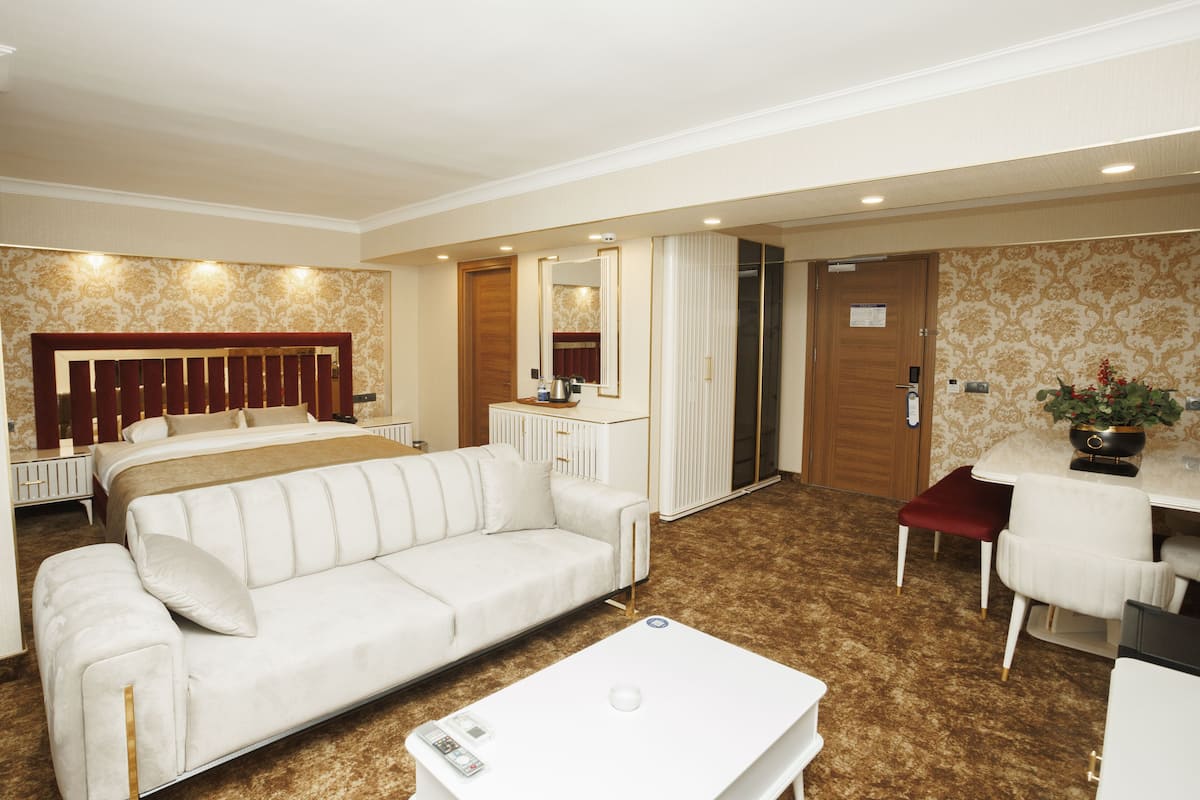 A hotel room with a bed, a sofa, a desk, and a mirror.