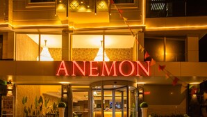 L’entrée d’un hôtel, avec une porte tournante, un comptoir d’accueil et une enseigne sur laquelle on peut lire « ANEMON ».