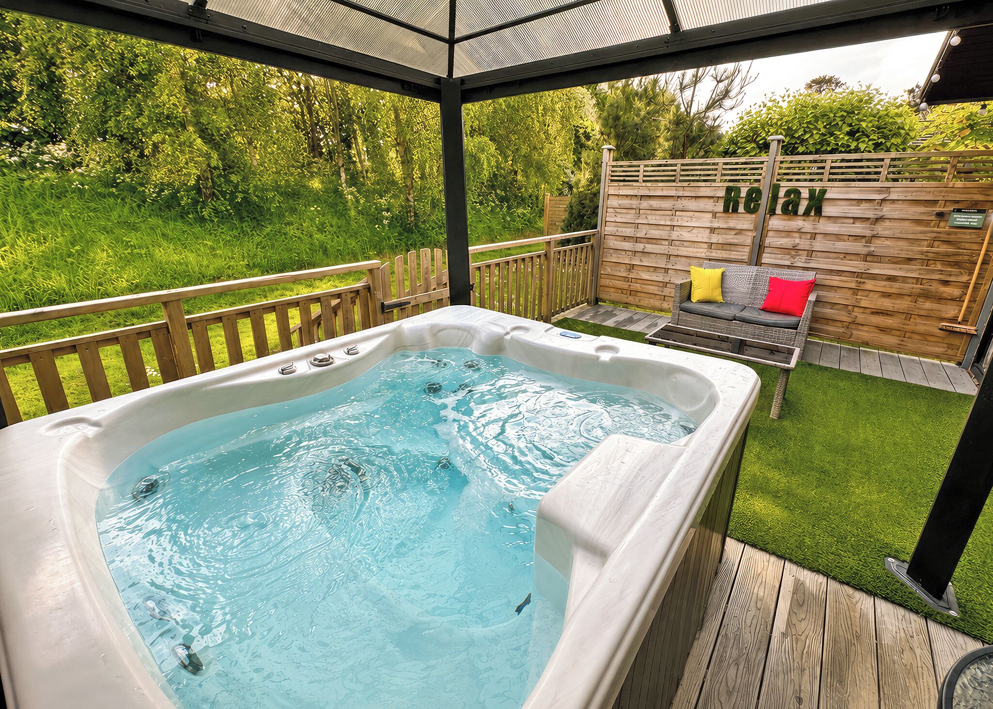 A hot tub in a covered outdoor area with a wooden deck, a wooden fence, and a garden.