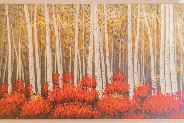 A mural of a forest with birch trees and red foliage. - The Northern Driftwood Inn 1.0 (North Pole)