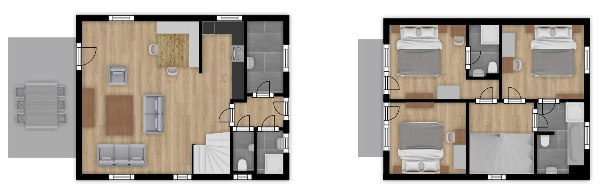 Two floor plans of a hotel room with a living area, a separate bedroom, a bathroom, and a kitchenette.