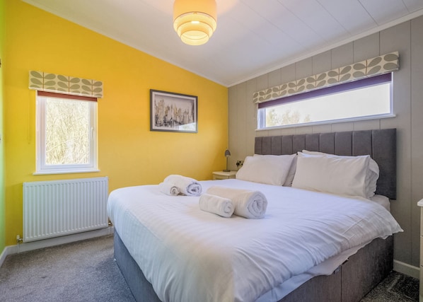 A bedroom with a bed, two windows, a radiator, a bedside table, and a wall-mounted picture.