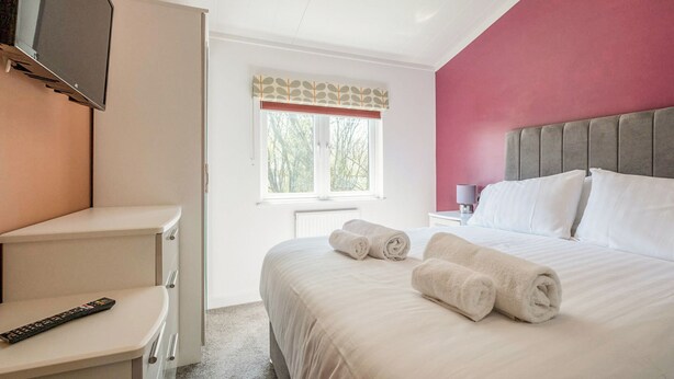 A bedroom with a bed, a TV mounted on the wall, a bedside table, and a window with a view of trees.