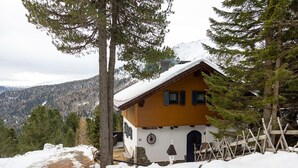 A wooden cabin with a snow-covered roof, surrounded by trees and mountains. - Chalet in Turracher Höhe near Ski Slopes (Turracher Höhe)