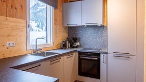 A modern kitchen with wooden walls, a window with a view of snow-covered mountains, a built-in oven, and a sink.