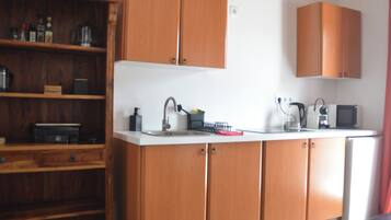 Une cuisine avec des meubles de rangement en bois, un plan de travail et divers appareils électroménagers.
