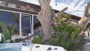 A modern building with large windows, a hot tub, and lush greenery. - GA7COLORES (San Bartolome)