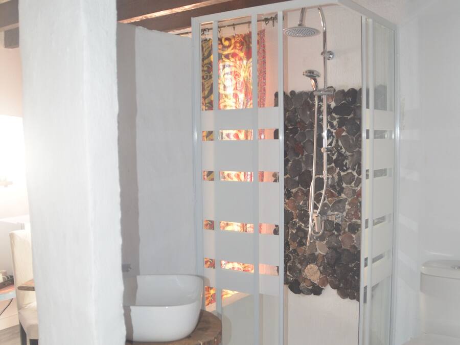 Un baño con ducha de mampara de vidrio, un lavamanos blanco y un inodoro.
