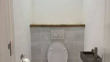 Een moderne badkamer met een toilet, toiletrolhouder, een douchetoilet en een wastafel met kraan.