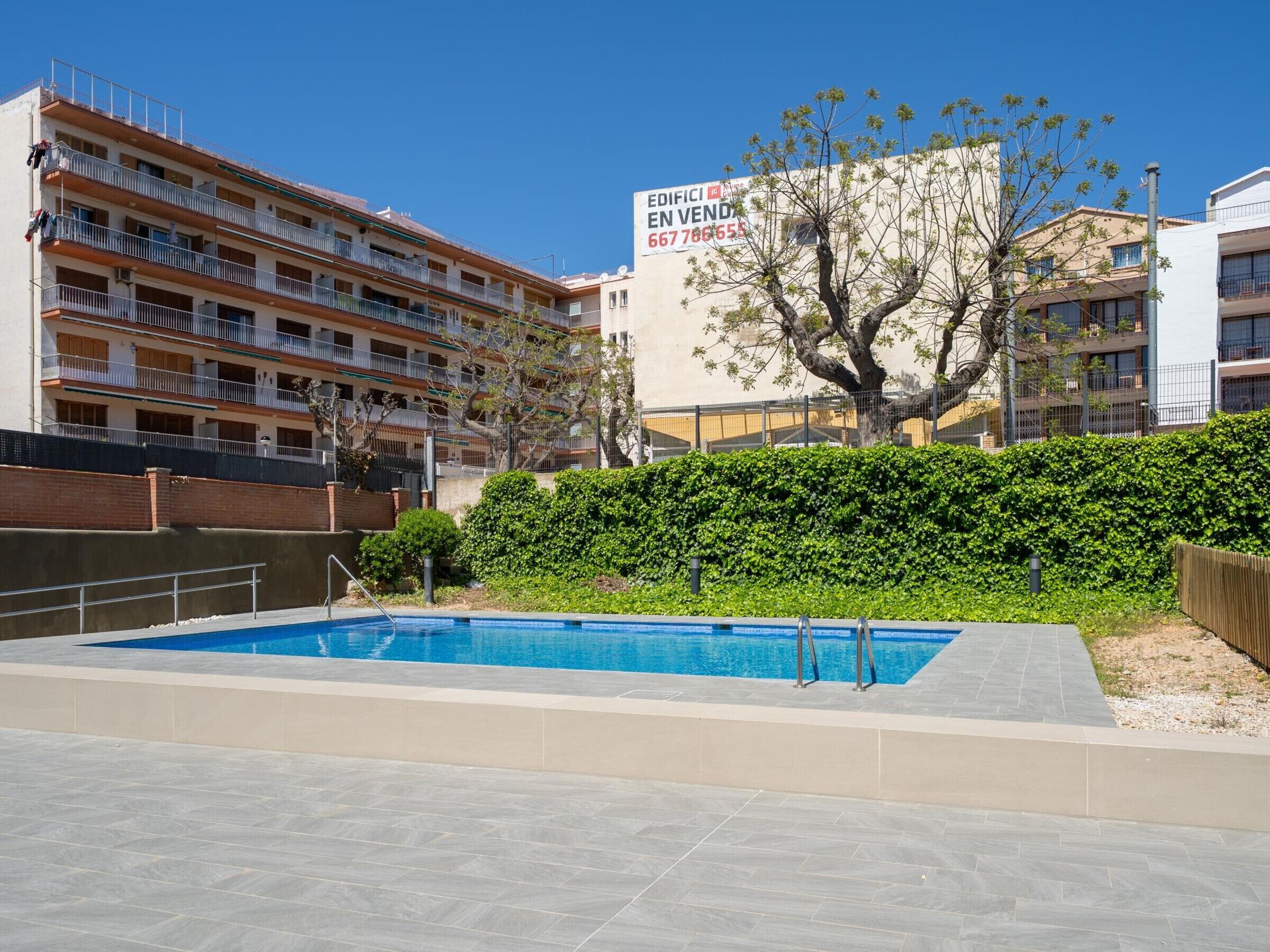A swimming pool area with a tiled deck, surrounded by a low hedge and a multi-story building with balconies.