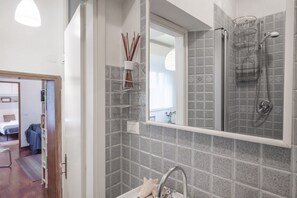 Combined shower/bathtub, hair dryer, bidet, towels