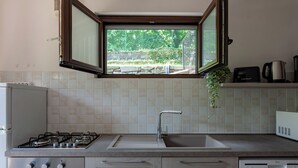 Eine moderne Küche mit einem Gasherd, einem Spülbecken und einem Fenster mit Blick auf einen Garten.