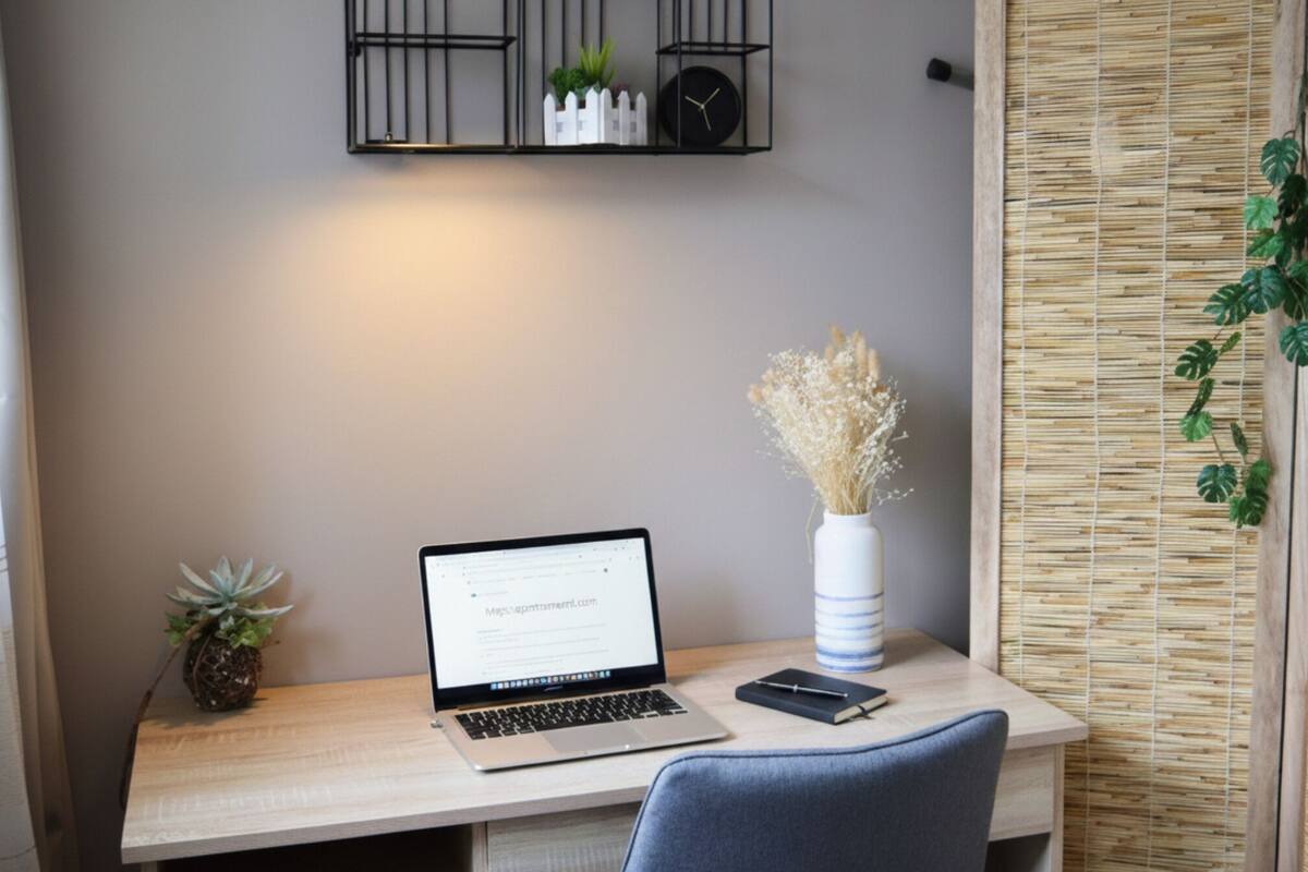 Un espacio de trabajo con una computadora portátil, una planta pequeña en maceta, un florero con flores secas y un reloj en la pared.