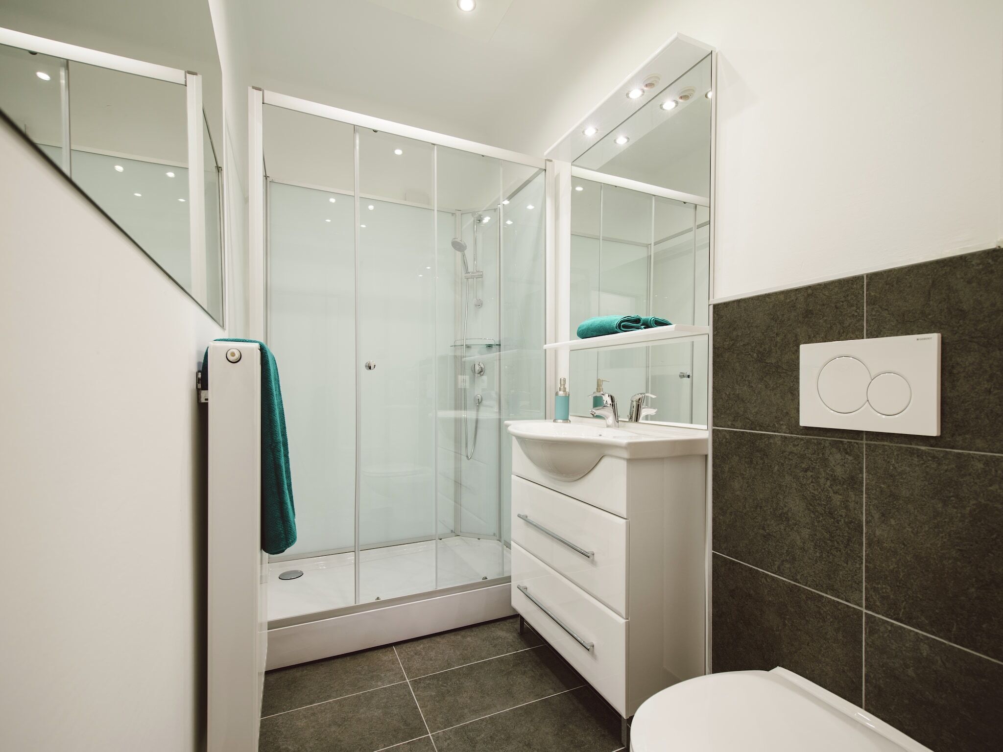 A modern bathroom with a glass shower enclosure, a white sink, and a toilet.