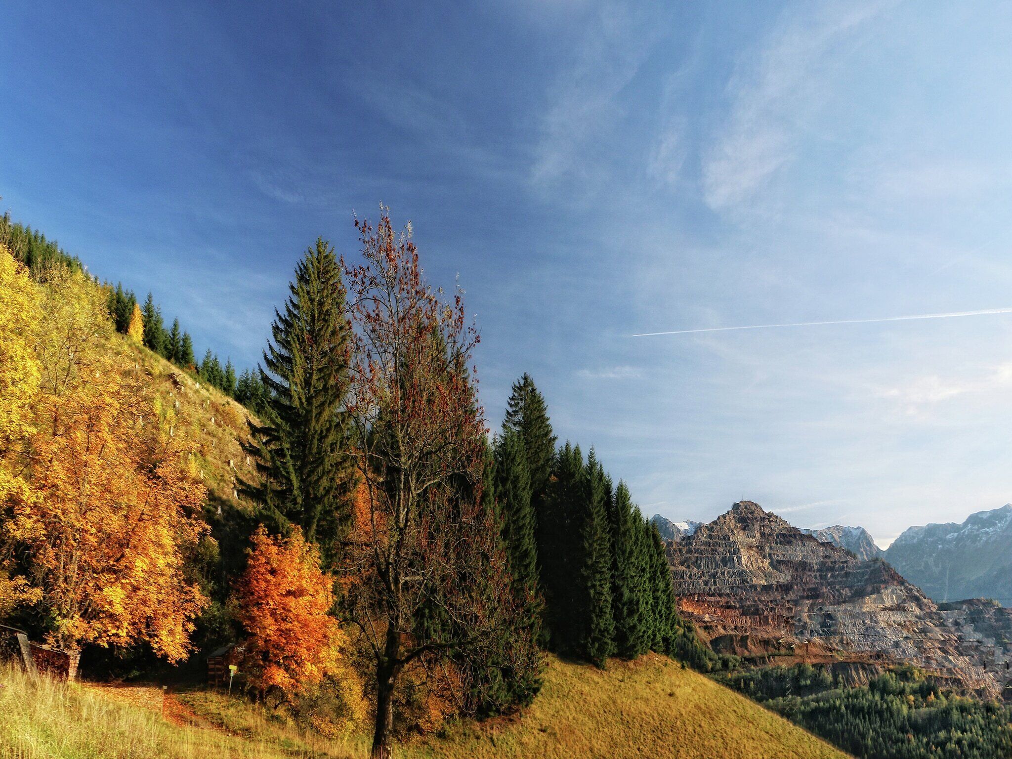 Eine Berglandschaft mit Herbstlaub, blauem Himmel und einem fernen Gebirge.
