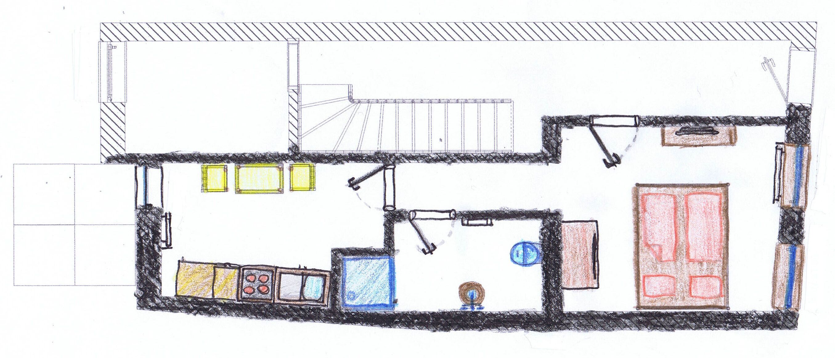 A floor plan with a staircase, a kitchen, a dining area, and a living room.