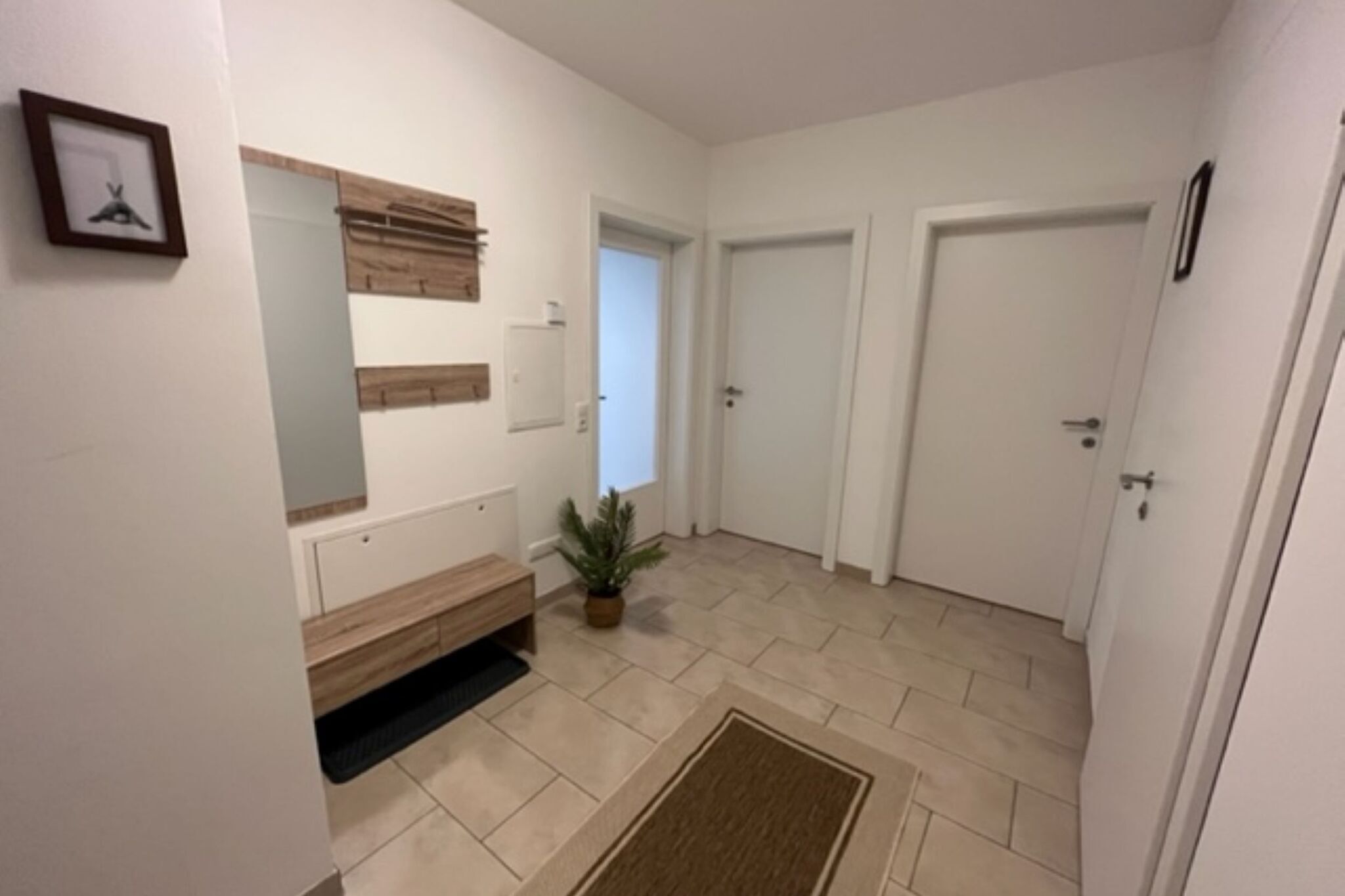Un pasillo con un banco de madera, una planta en maceta y un espejo en la pared.