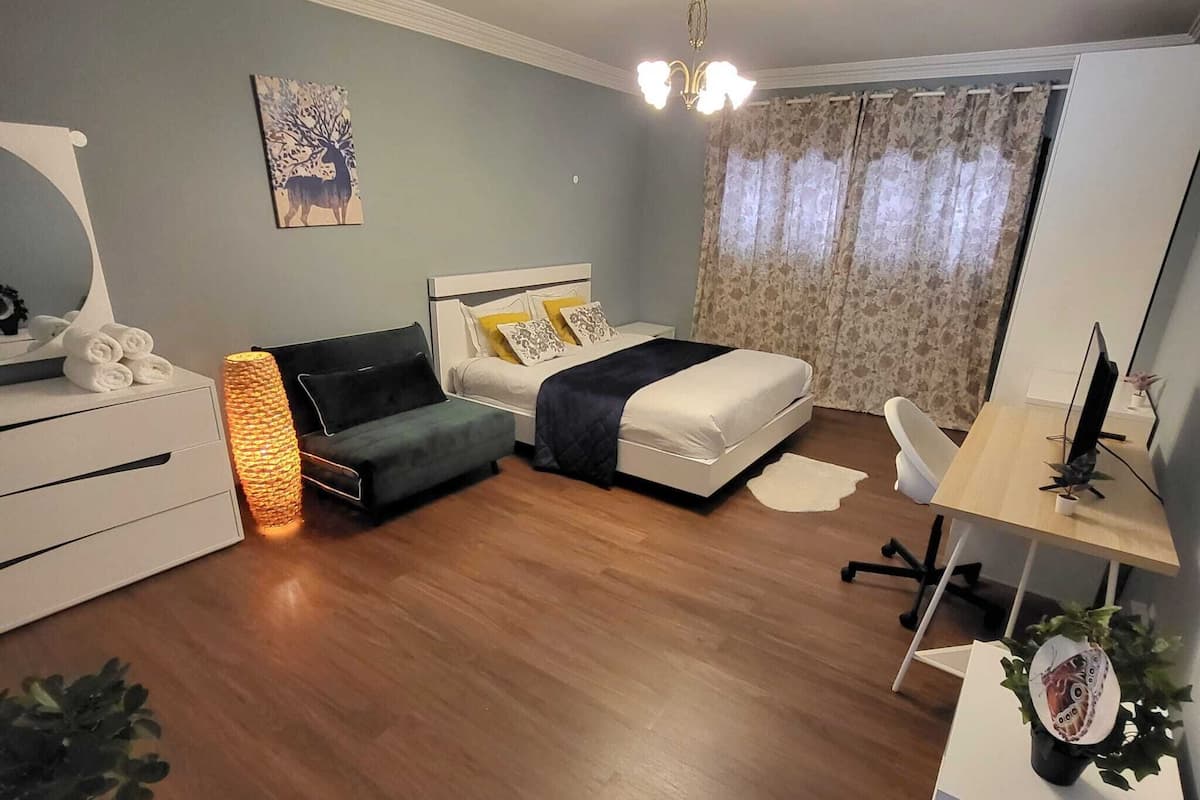 Ein modernes Schlafzimmer mit Bett, Nachttisch, Schreibtisch, Stuhl und einer Topfpflanze.