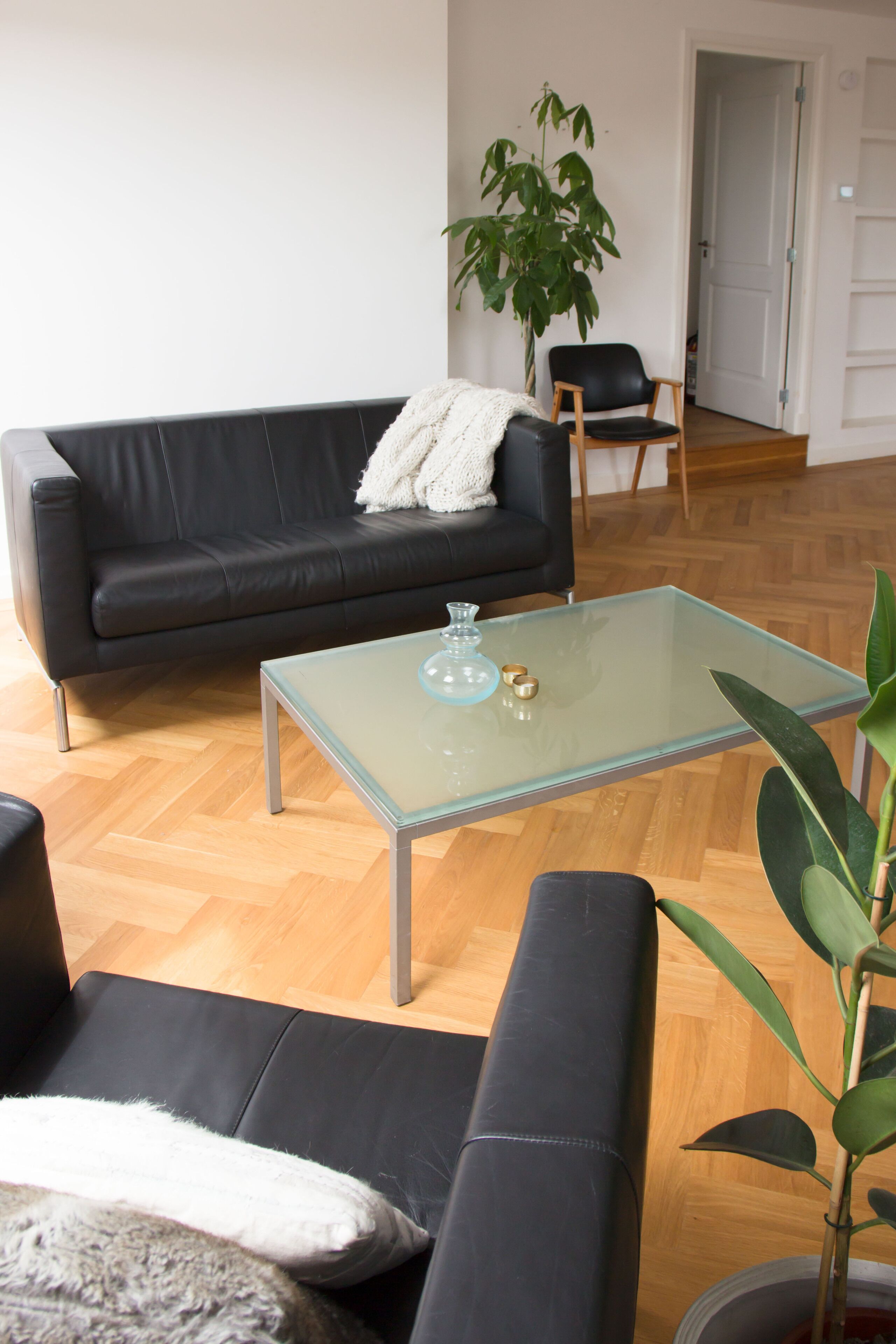 Una sala de estar con un sofá de cuero negro, una mesa de centro de vidrio, una planta en maceta y piso de madera.