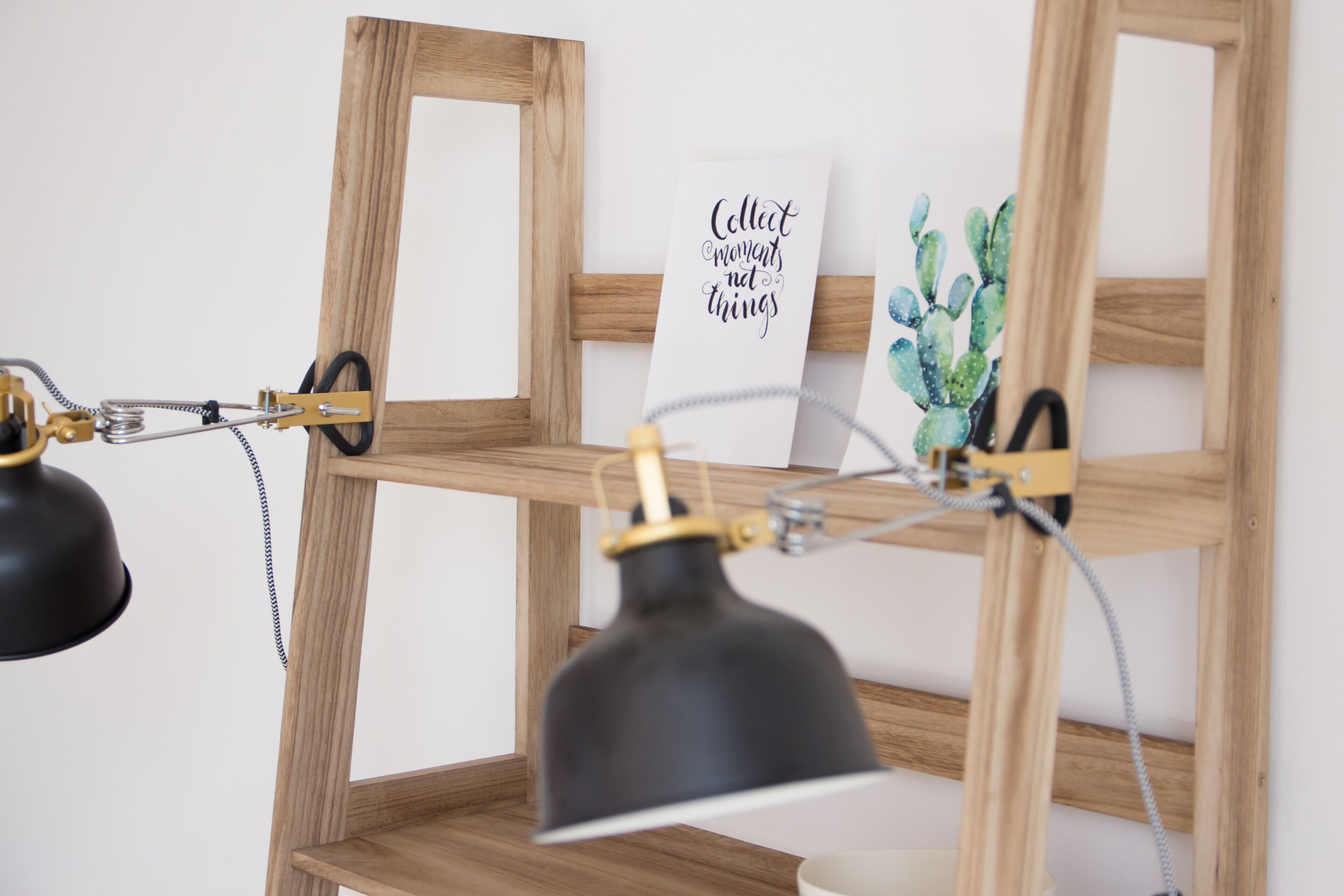 A wooden shelf with a black desk lamp, a white sign with text, and a small cactus decoration.