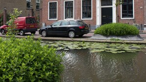 A red van parked in front of a brick building with a black car, a small pond with lily pads, and a bicycle leaning against the building. - Canal house top floor in historic center Gouda (Gouda)