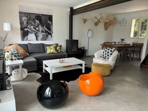 Smart TV, fireplace, table tennis, books