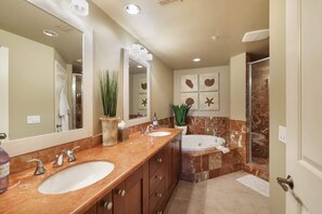 Shower, jetted bath, hair dryer, towels