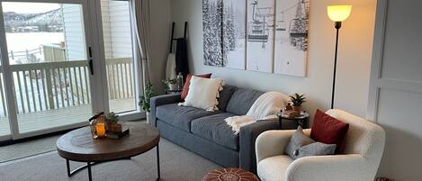 Smart TV, fireplace, books