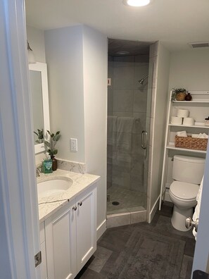 Een badkamer met een douchecabine, een wastafel met een marmeren blad en een toilet.
