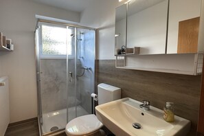 A modern bathroom with a glass-enclosed shower, a white toilet, and a sink with a mirror above it.