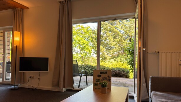 Ein Zimmer mit Fernseher, einem Tisch mit Pflanze, einem Sessel und Blick ins Grüne.