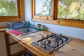 A kitchen with a gas stove, a sink, a window with a view of trees, and a wooden countertop.