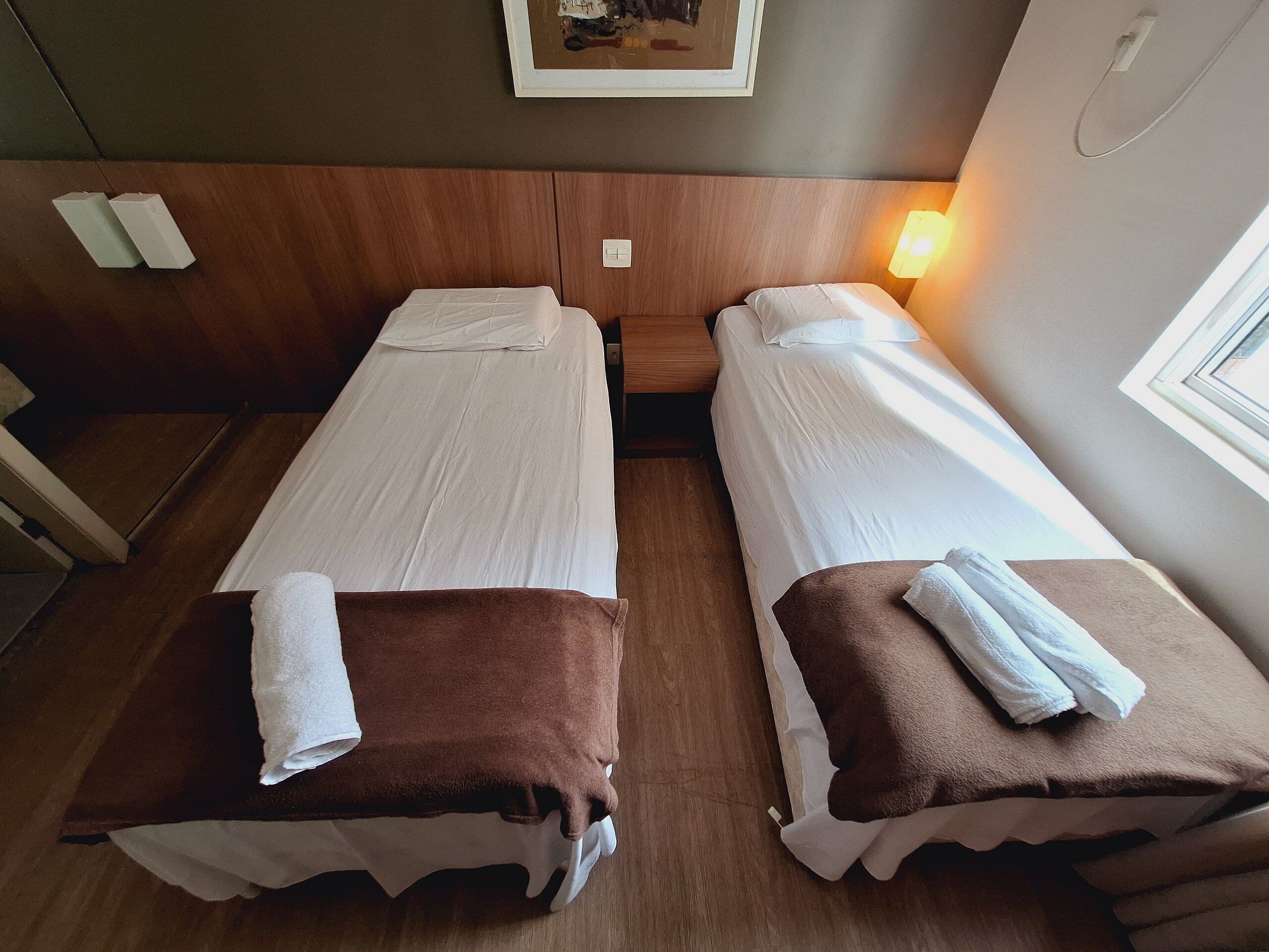 Two single beds with white linens and brown blankets, a bedside table, a wall-mounted light, and a framed picture on the wall.