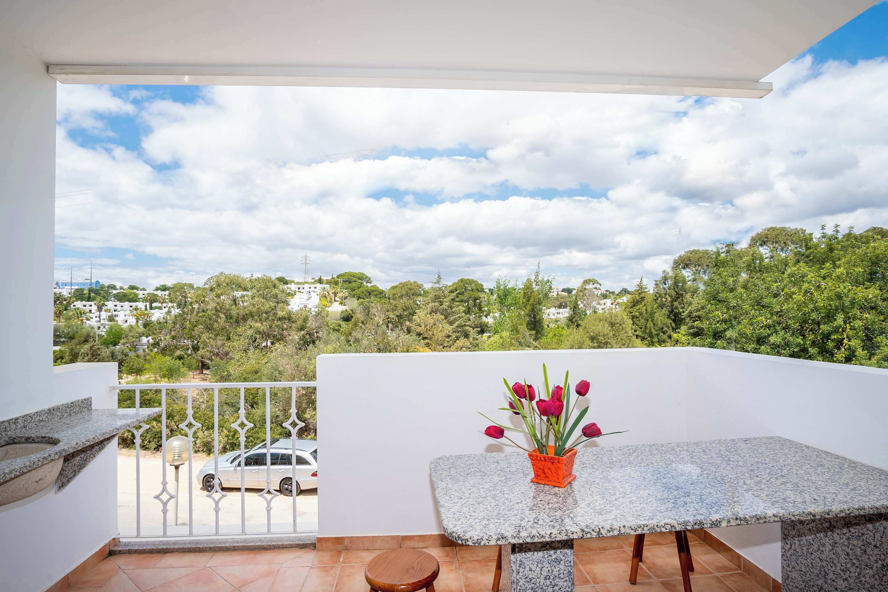 Un balcon avec une table et des chaises, un pot de fleurs et une vue sur un quartier résidentiel, avec des arbres et une voiture blanche.
