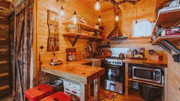 Coffee/tea maker, fridge, microwave, oven