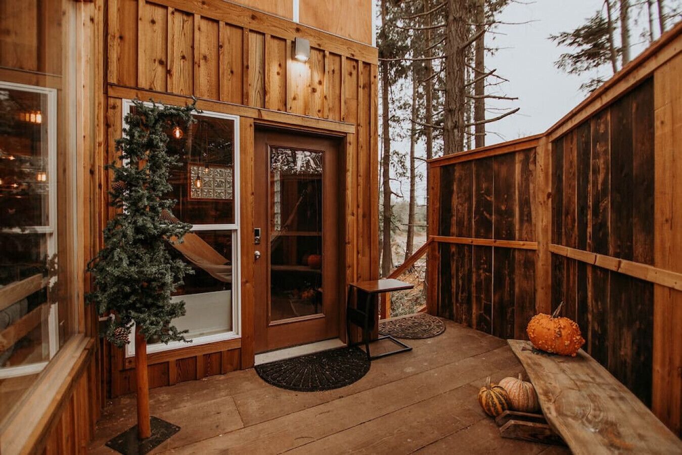 A wooden cabin with a glass door, a small porch, and a Christmas tree.