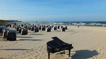 A beach with rows of striped beach chairs and a grand piano on the sand.
