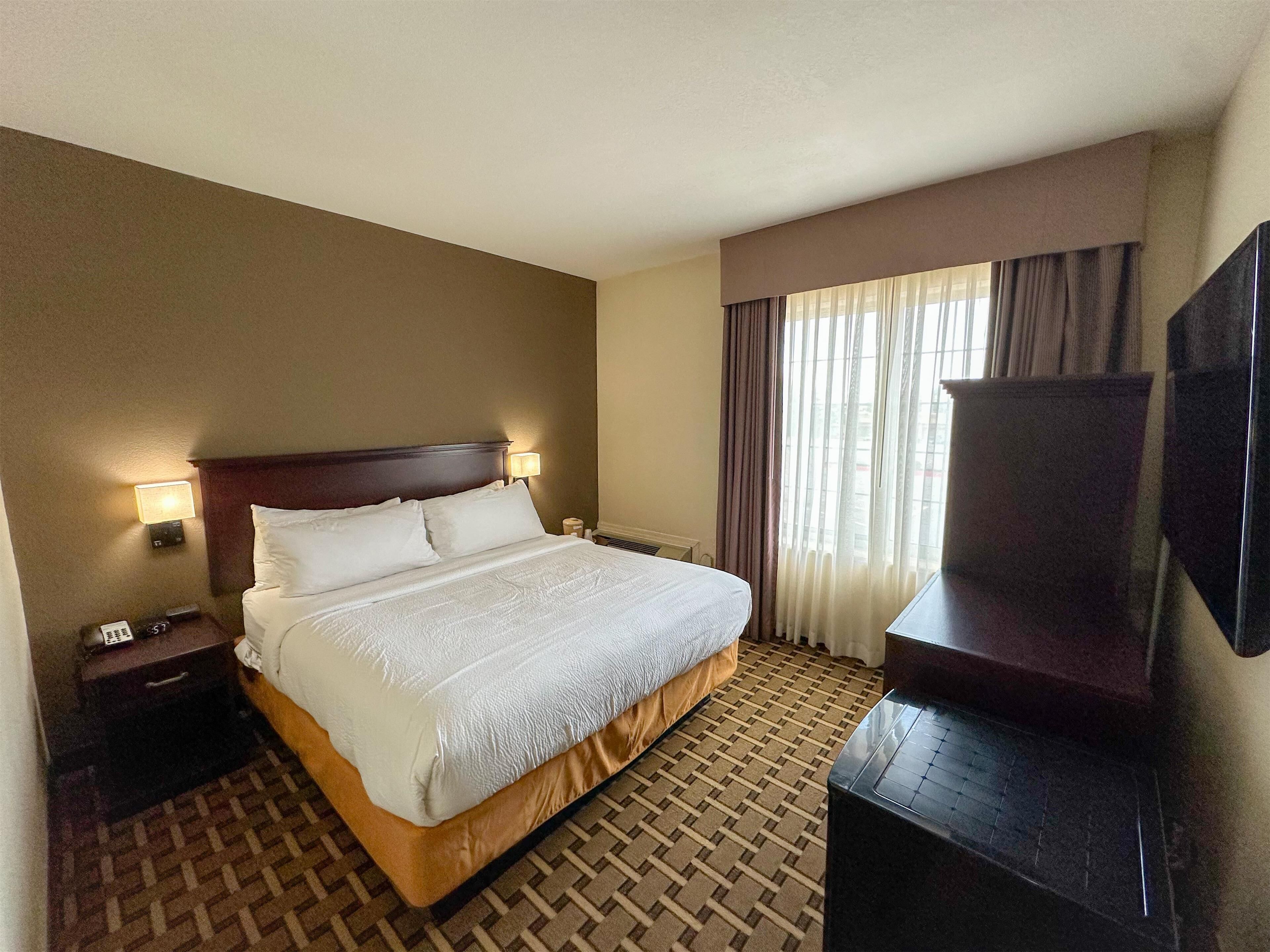 A hotel room with a large bed, a bedside table with a lamp, a telephone, and a television on a stand.