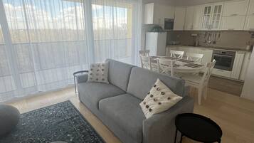 A modern living room with a grey sofa, a black ottoman, and a patterned rug.