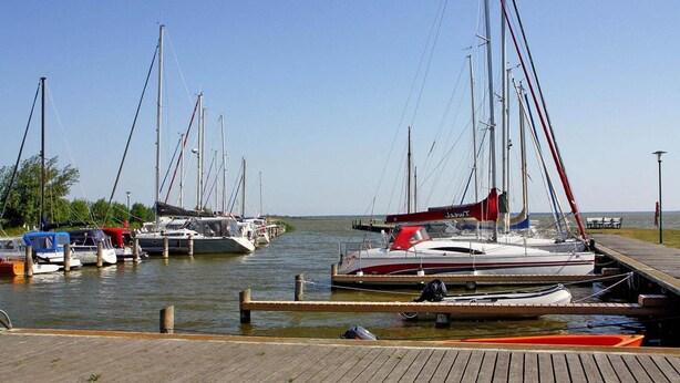 A marina with multiple sailboats docked at wooden piers. - Doppelhaushaelfte am Hafen von Neuendorf (Neuendorf)