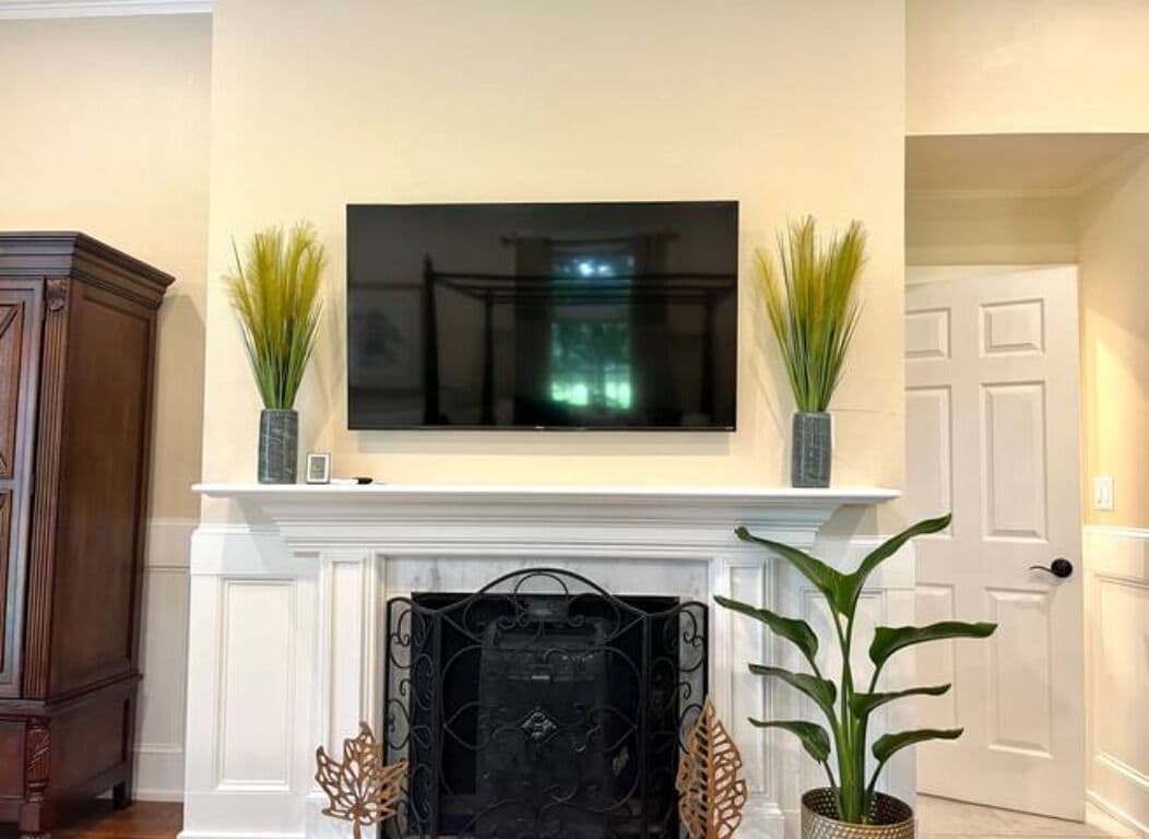 A living room with a fireplace, a mounted television above it, and two potted plants on either side.