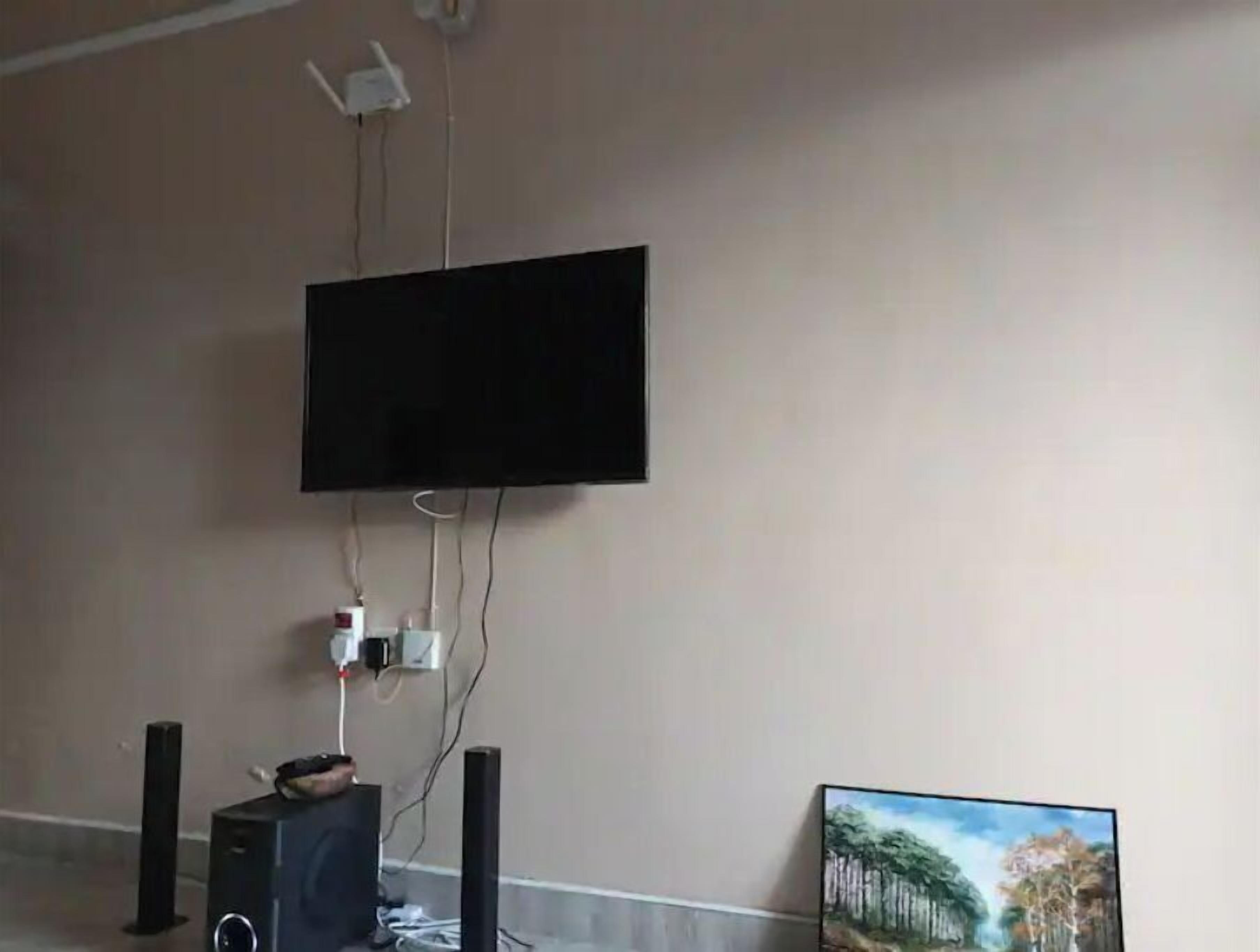 Une pièce équipée d’un téléviseur à écran plat fixé au mur, d’un haut-parleur et d’un tableau.